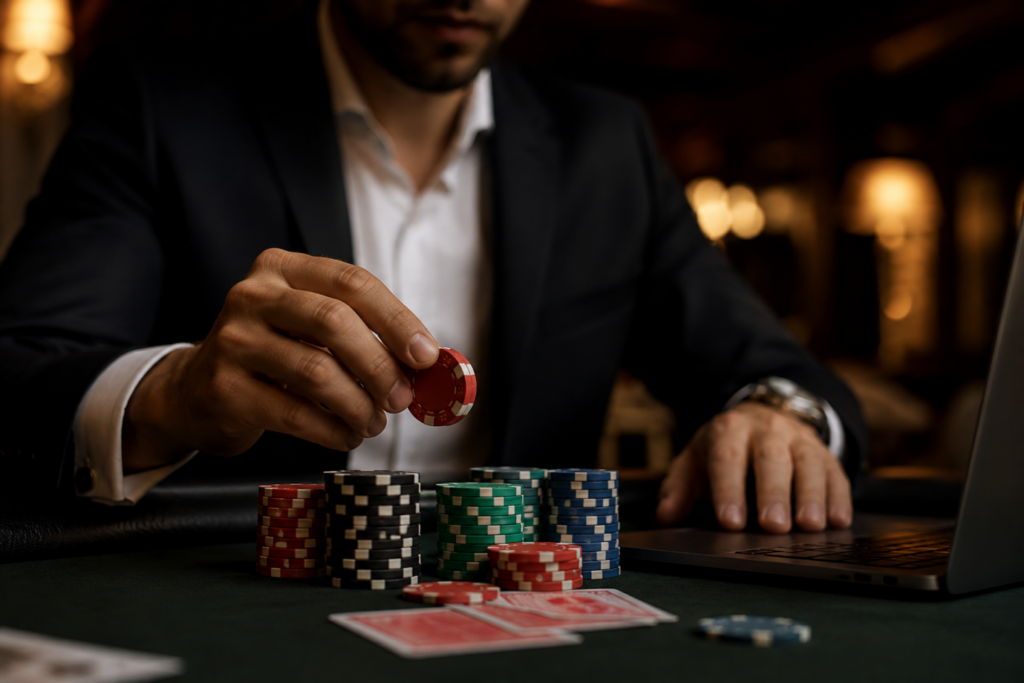 When the Camera Rolls: Performing Risk Without Flinching — close-up of controlled casino online chip handling reflecting composure under pressure and high roller confidence